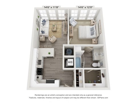 Floor plan for 1 bed, 1 bath, 614 sqft